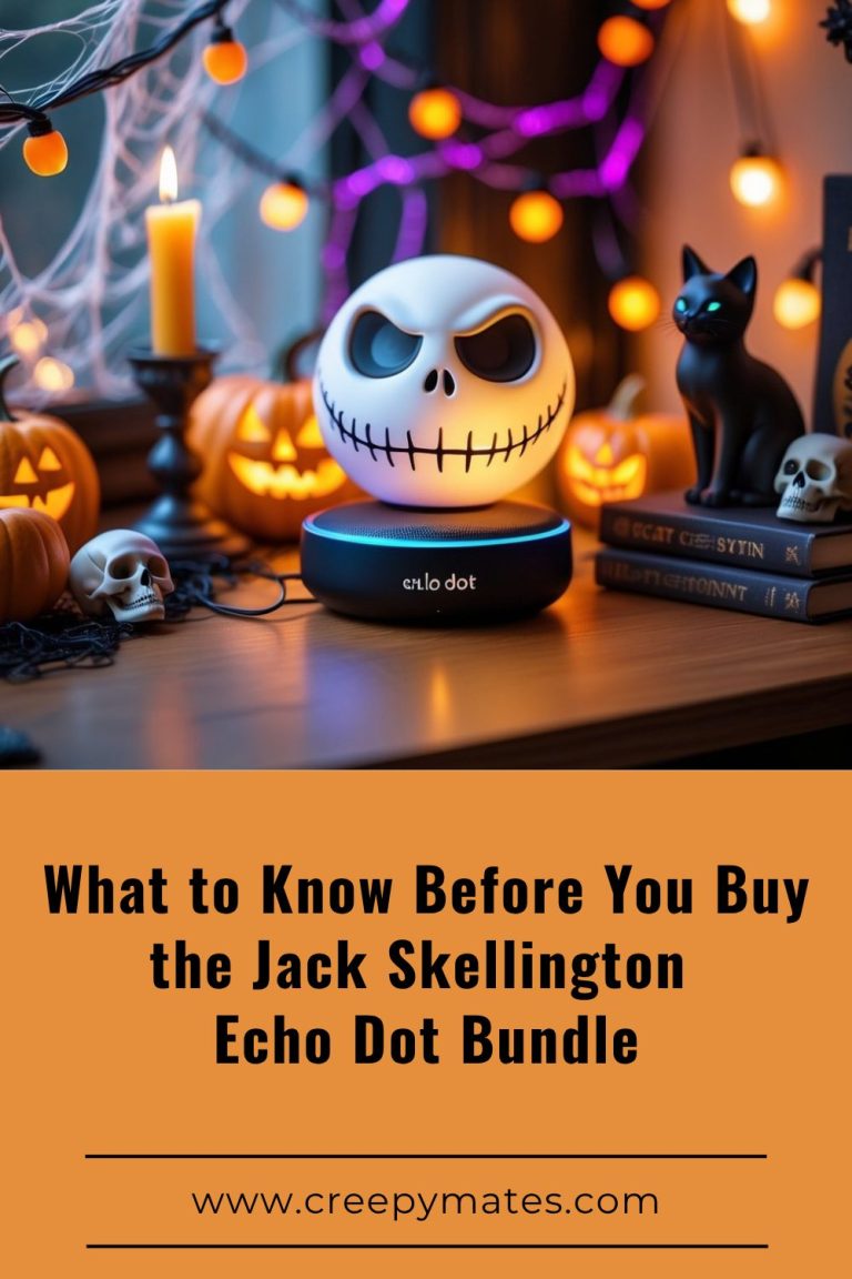 Cozy Halloween desk with Jack Skellington Echo Dot, spooky lights, and warm themed decor