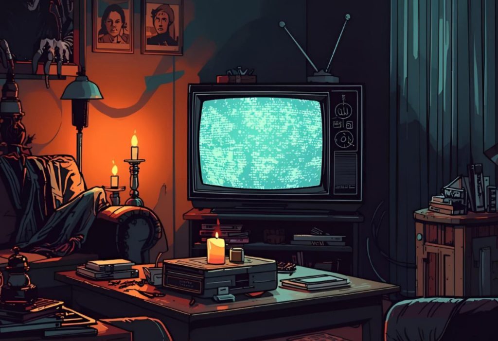 Dark retro living room with static TV, VHS tapes, candles, and eerie horror artwork on the wall.