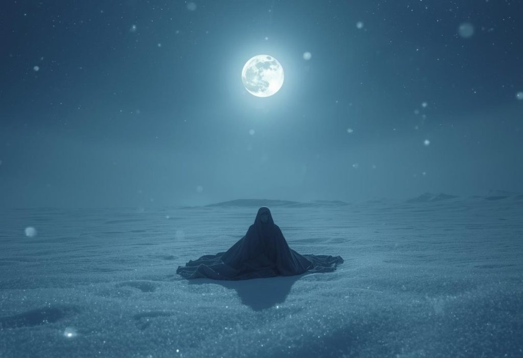 Mystical figure under full moon in snowy field, symbolizing stillness and winter transformation.