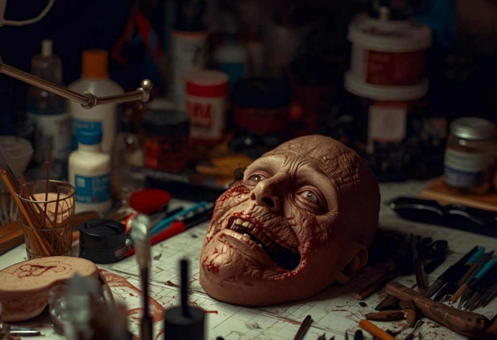 SFX artist desk with a gory zombie mask, sculpting tools, brushes, and paint jars.