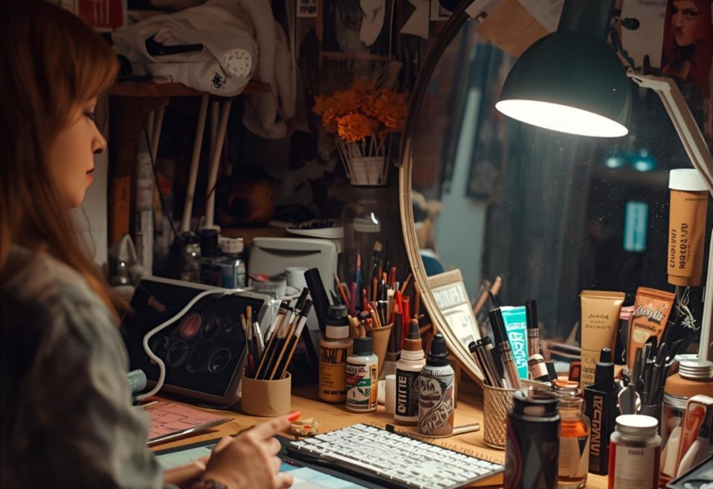 Artist drawing at desk with sketch tools, paints, and art prints illuminated by a desk lamp.
