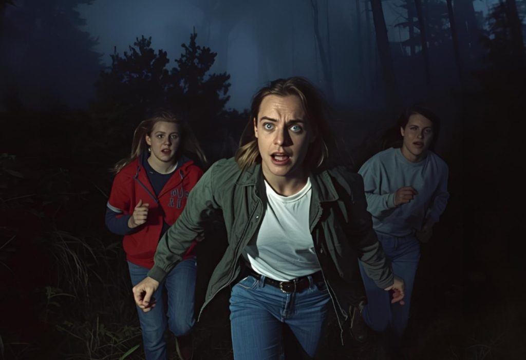 Three frightened women running through a foggy dark forest, faces lit by eerie blue light.

