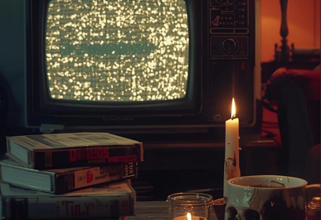 Old TV showing static beside candles, VHS tapes, and skull mug in eerie dim light.