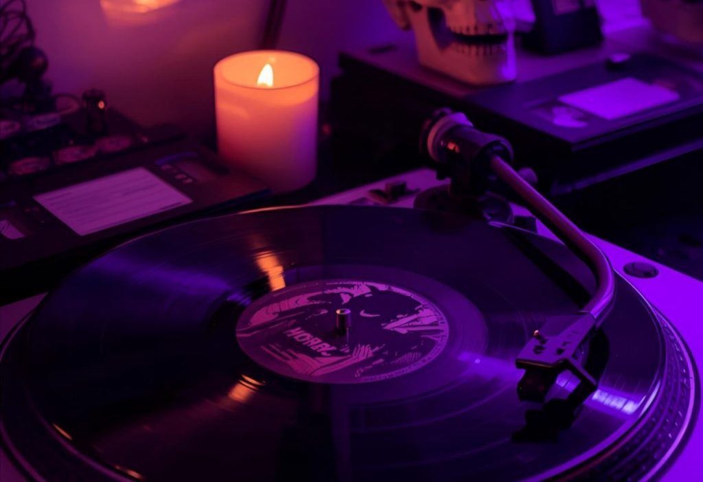 Vinyl record player beside candle and skulls glowing under eerie purple horror lighting.
