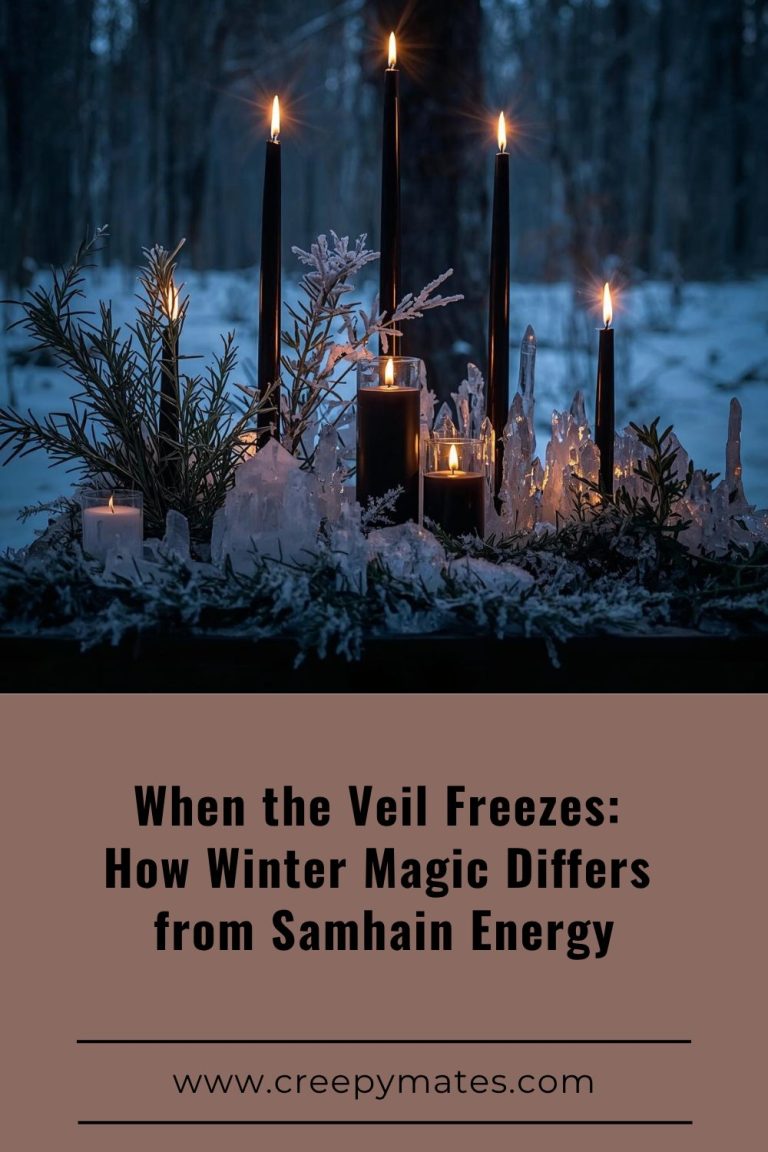 A snowy forest altar with black candles, frosted herbs, and soft blue twilight.