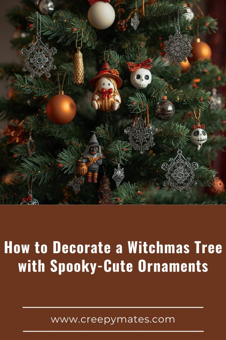 Tree decorated with whimsical witch figurines, skull ornaments and metallic snowflake decorations.