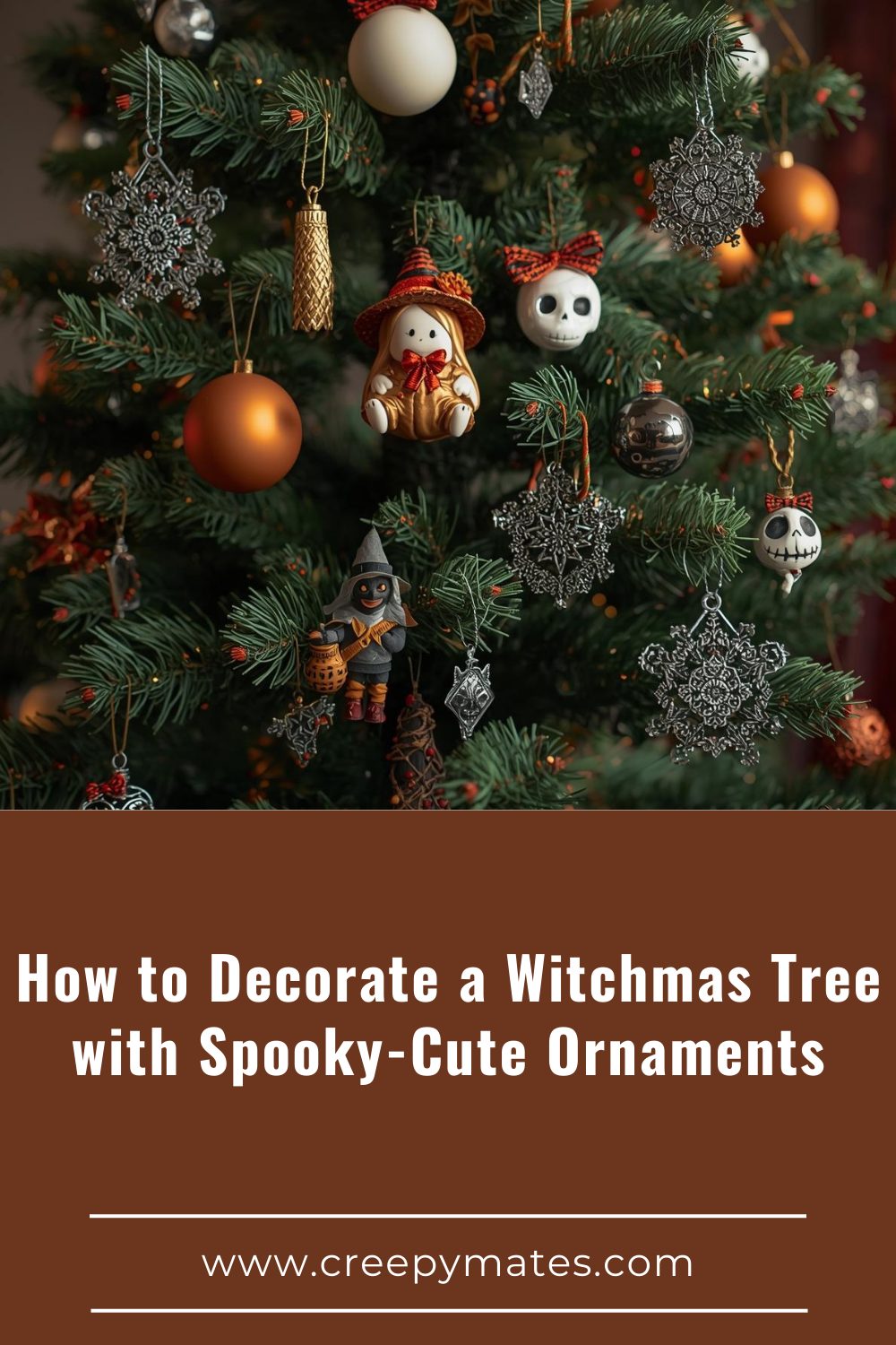 Tree decorated with whimsical witch figurines, skull ornaments and metallic snowflake decorations.