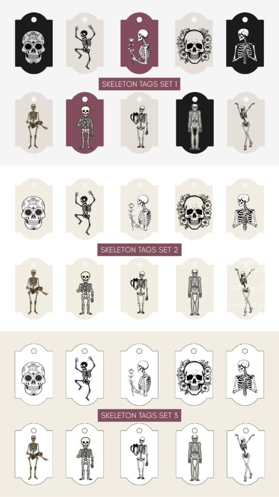A collage of skeleton-themed gift tags featuring dancing skeletons and skull illustrations.
