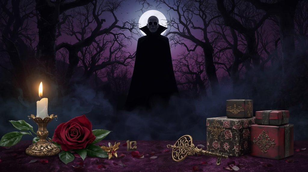 Shadowy vampire in twilight forest with red rose, candle, ancient key, vamp gift boxes.