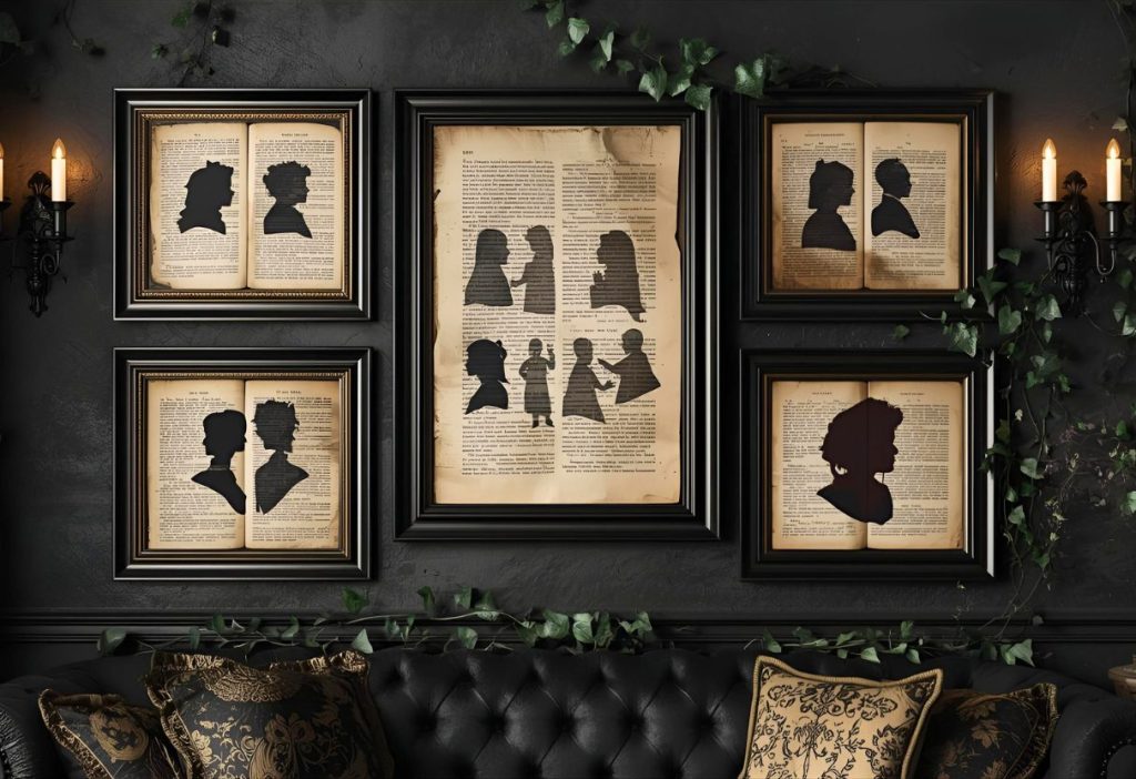 Silhouette portraits on vintage book pages in black frames on a dark wall with ivy and candles.