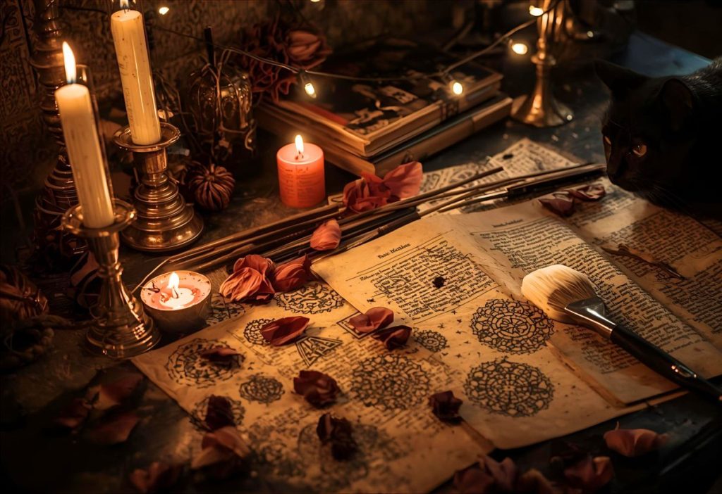 Candlelit witchy desk with old spell pages, rose petals, a brush, and a black cat watching nearby.