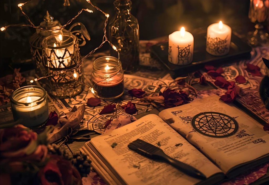 Candlelit witchy table with an open spell book, rose petals, jars, and glowing lights in warm tones.