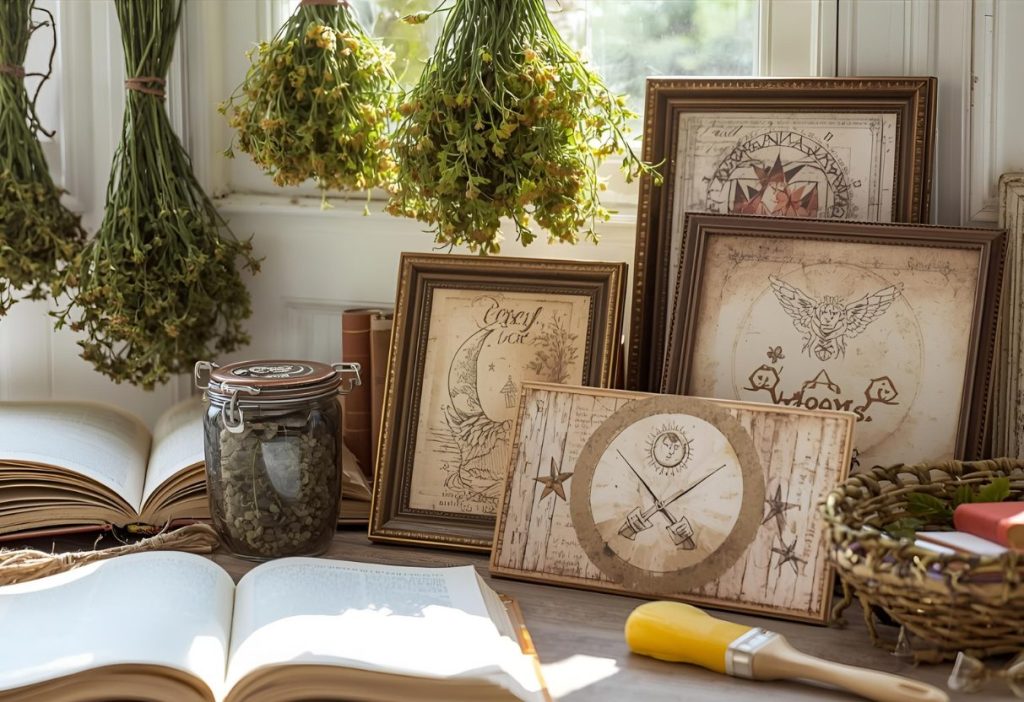 Herbs drying above a table with vintage framed witchy art, open books, and a jar of dried botanicals.