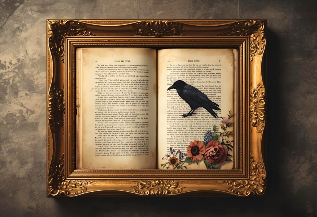 Raven perched on vintage book pages with dark florals in an ornate gold frame on a textured wall.