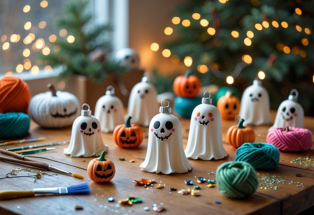 Cozy table with handmade creepy-cute Christmas ornaments and craft supplies for holiday decorating.