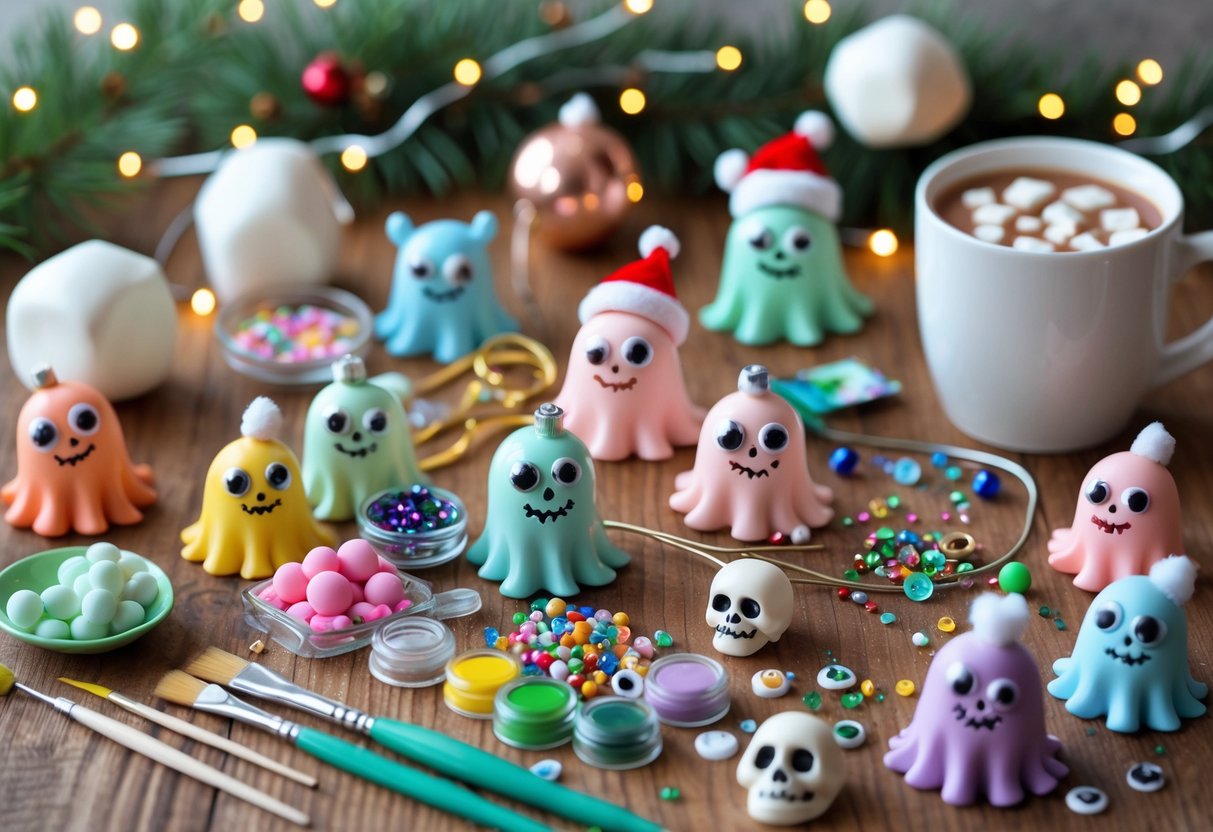 Crafting table with creepy-cute Christmas ornaments, supplies, and holiday decor in progress.