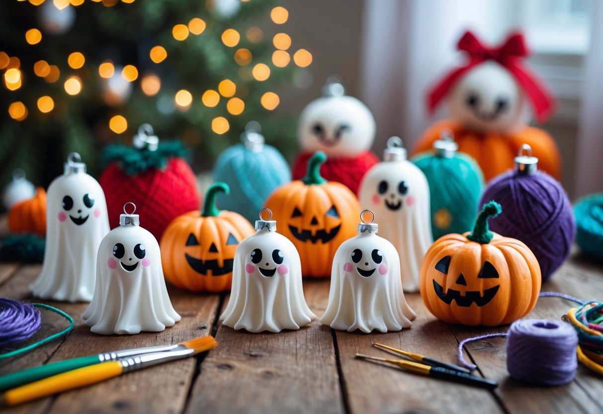 Table with handmade creepy-cute Christmas ornaments, smiling ghosts, pumpkins, bats, and warm holiday lights.