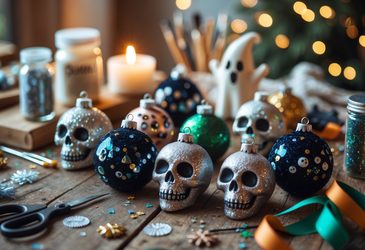 A table with handmade spooky Christmas ornaments and crafting supplies arranged for a DIY project.