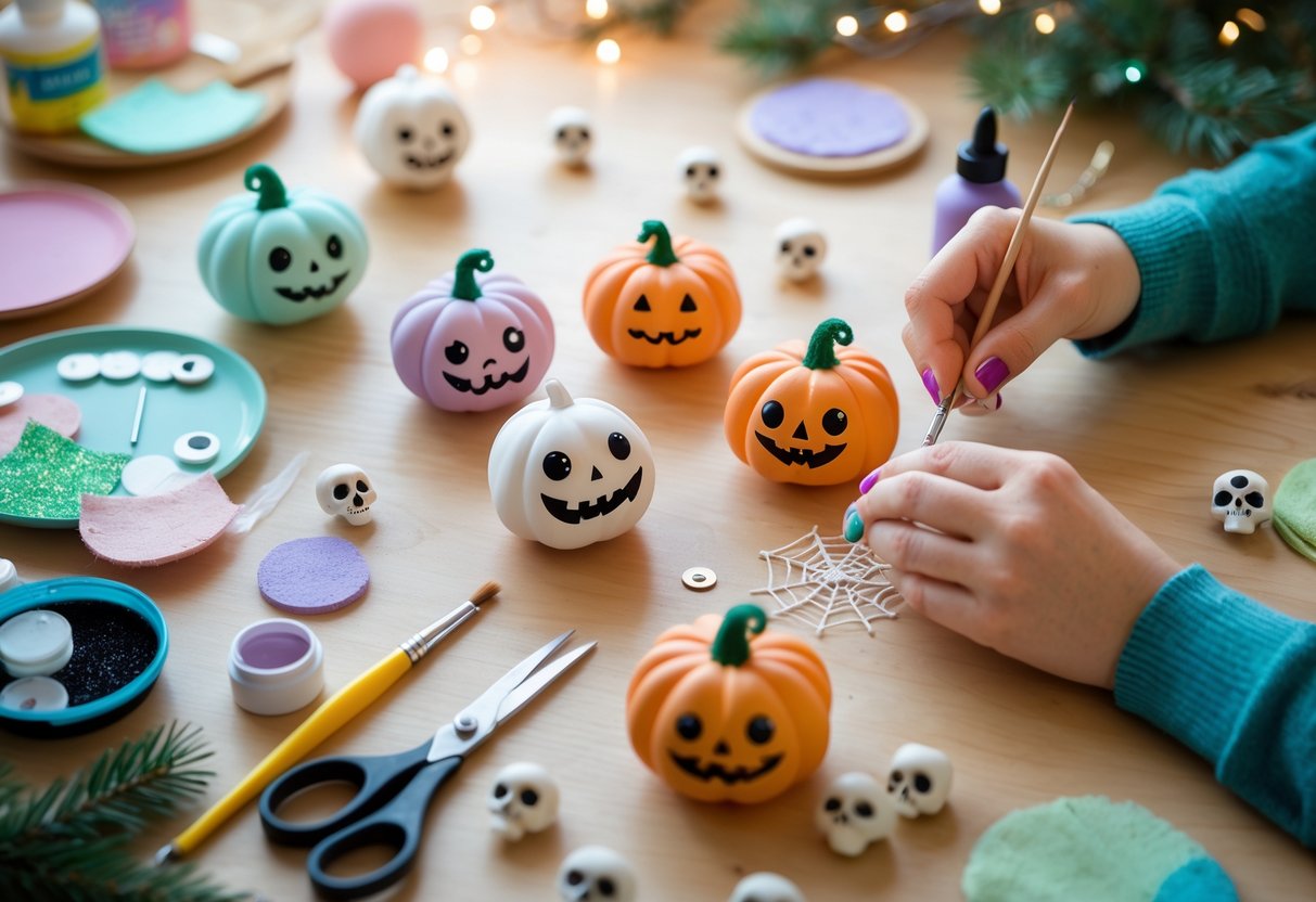 Craft table with hands making creepy-cute Christmas ornaments, surrounded by paints, brushes, and craft supplies.