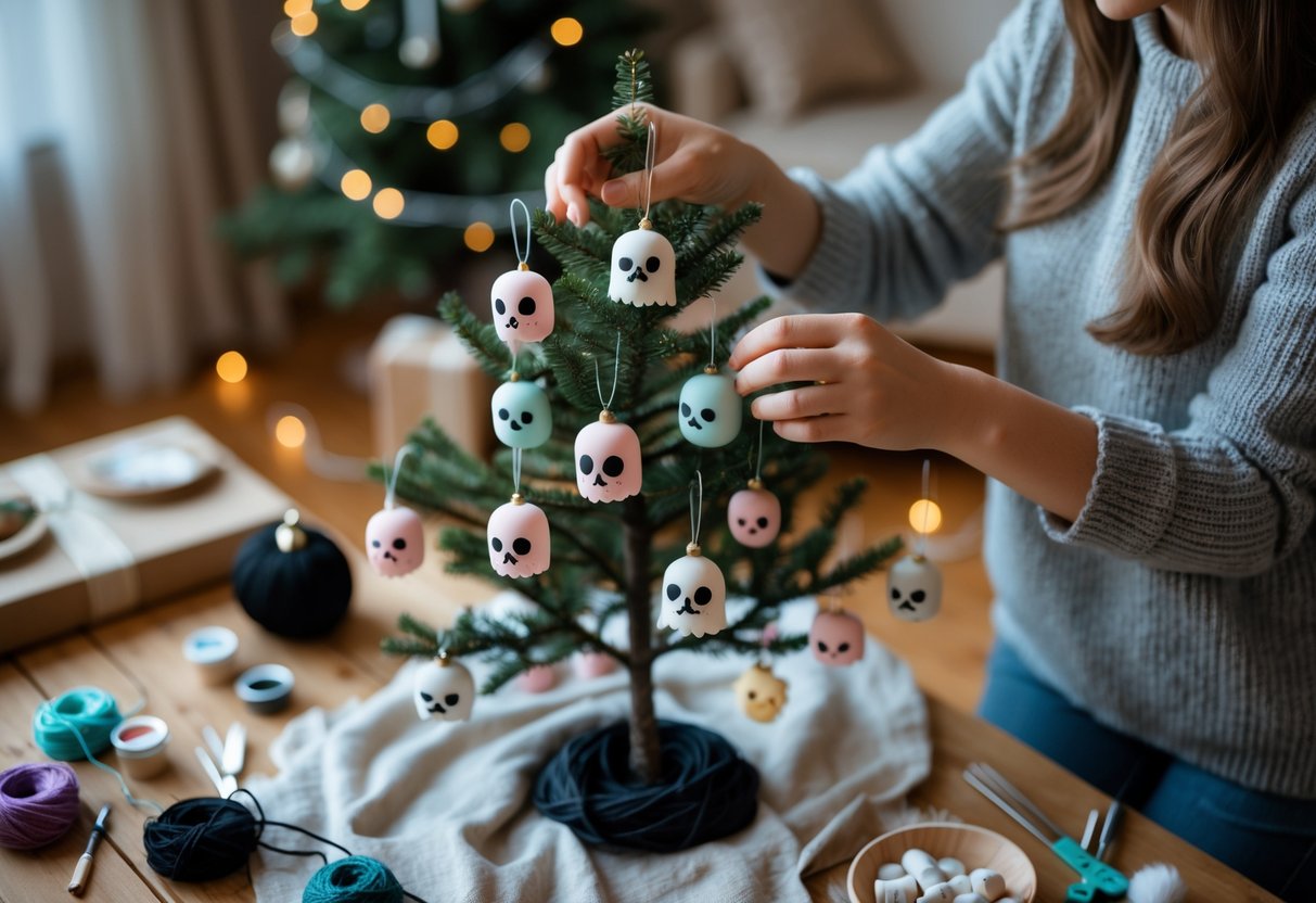 Person decorating small tree with creepy-cute ornaments in cozy room with craft supplies nearby.