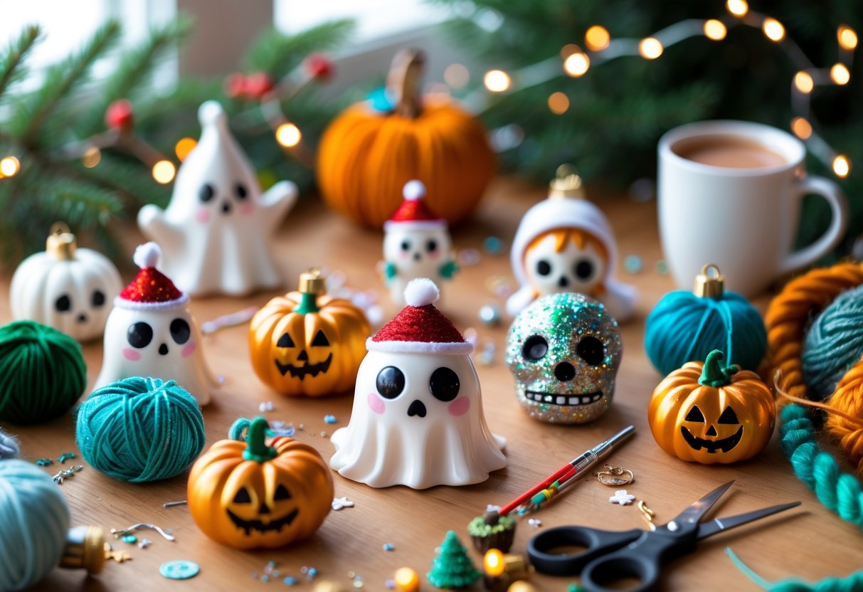 A table with handmade creepy-cute Christmas ornaments and crafting supplies in a cozy holiday setting.