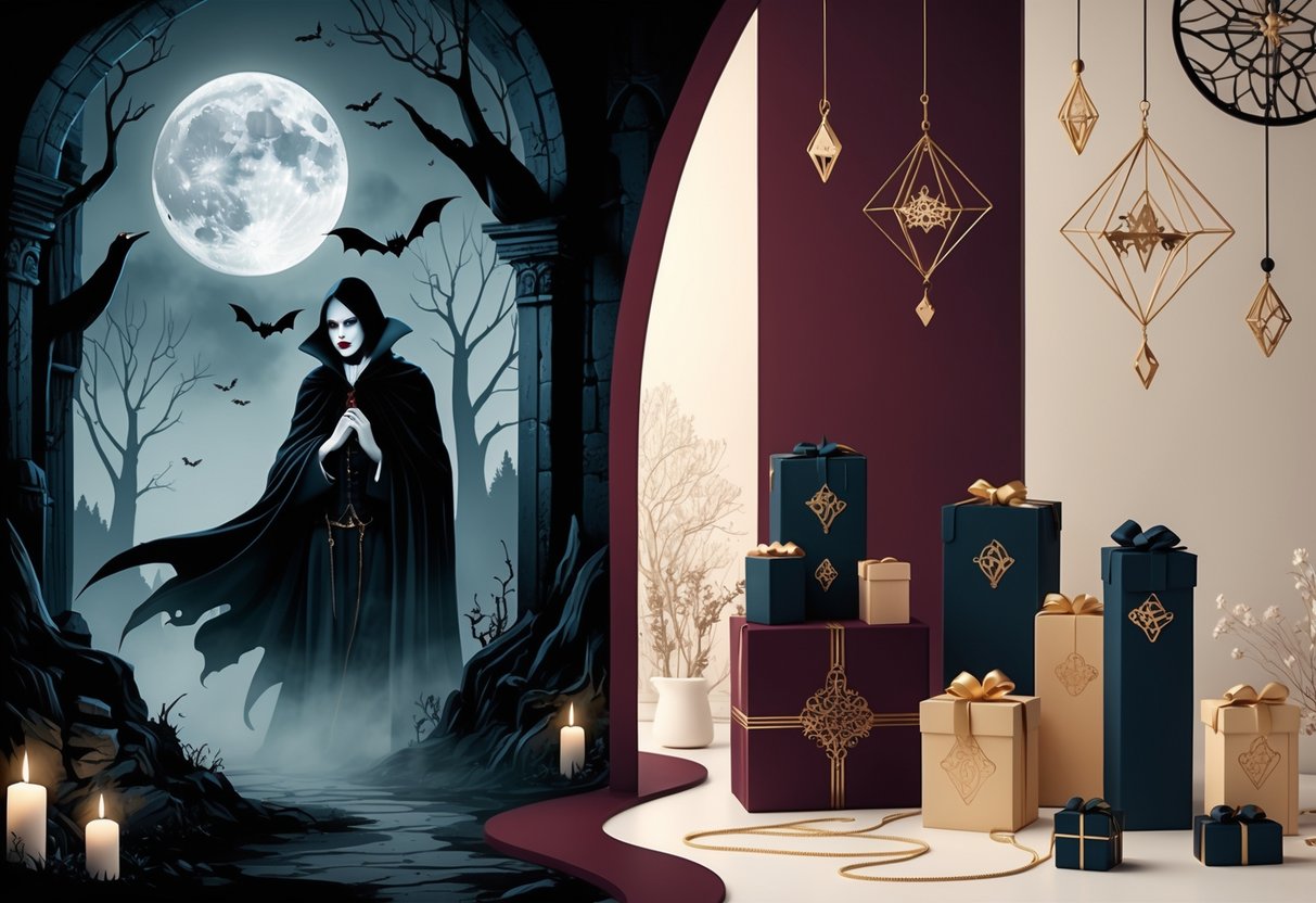 Vampire in misty forest with bats and crypts, split with elegant vamp gift display indoors.