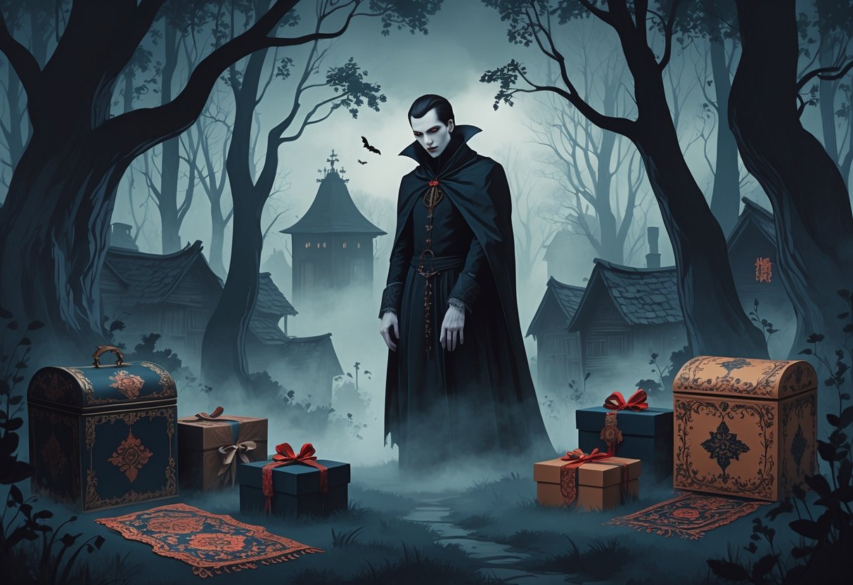Shadowy vampire in foggy East European forest, village silhouettes, folkloric carved boxes, embroidery.