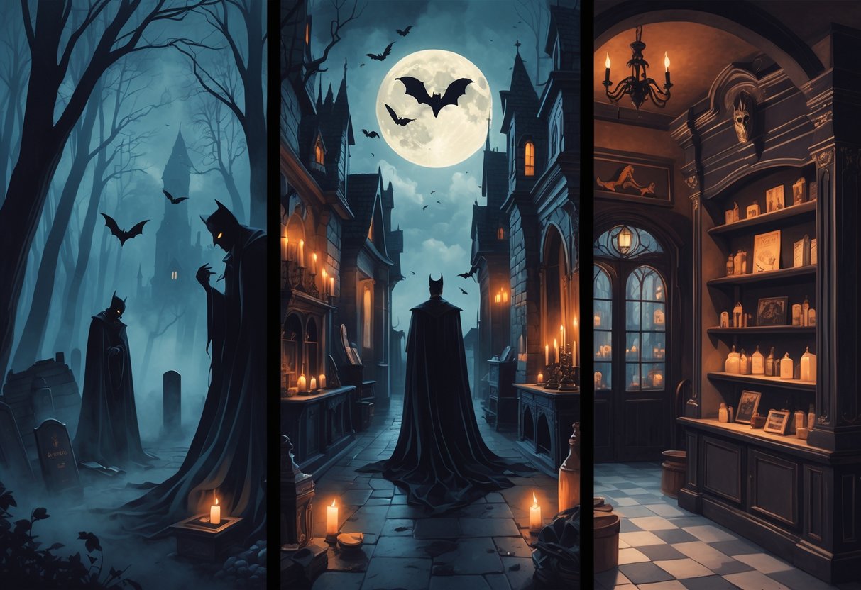 Vampire myth progression: dark forest, gothic castle, then modern gift shop with vamp items.