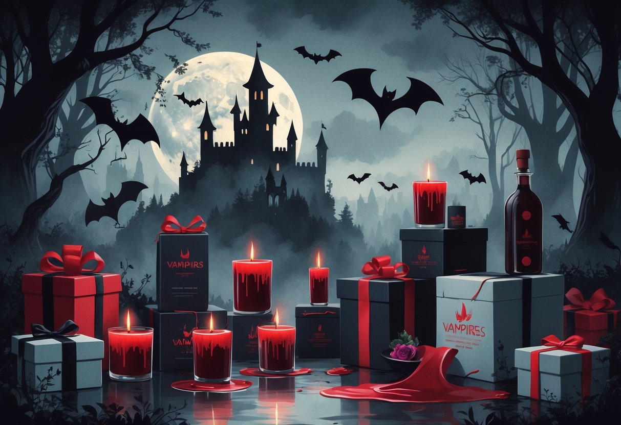 Dark moonlit forest with bats, paired with modern vamp gifts: fang jewelry, bat pieces, red-wax candles.