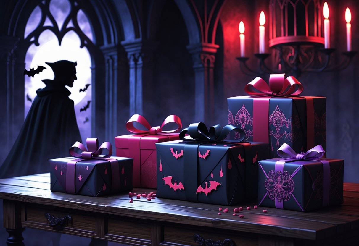 Gothic room with shadowy vampire behind table of elegant bat-and-fang wrapped gifts.
