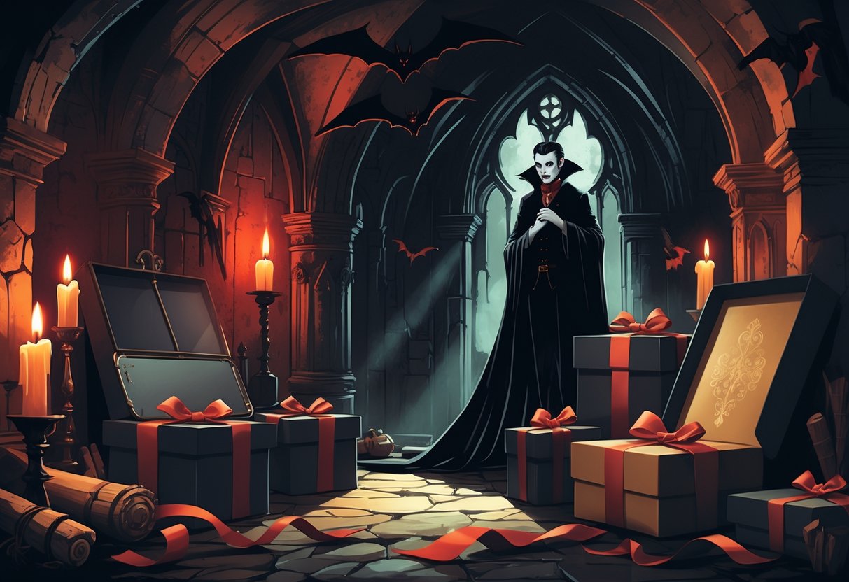 Ancient gothic crypt with vampire, bats, old scrolls, blending into modern gift boxes and ribbons.