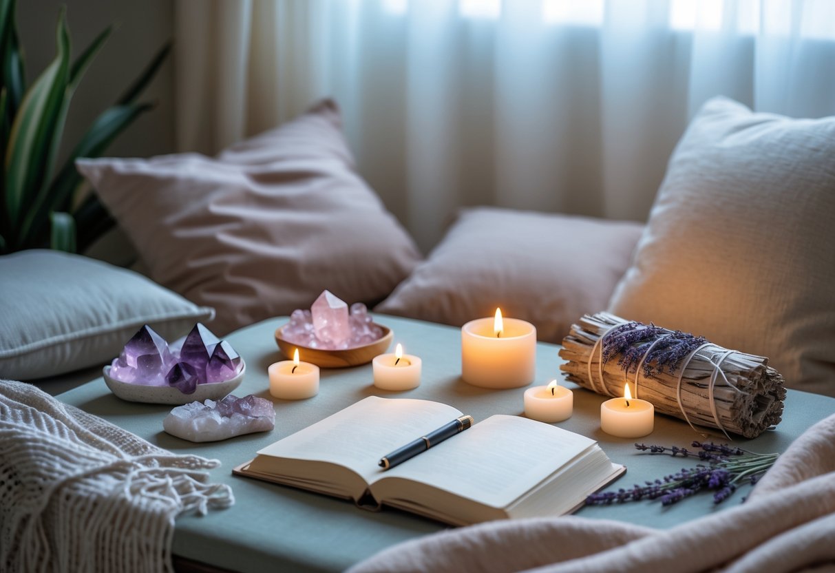 Cozy indoor altar with crystals, candles, herbs, and open journal in warm natural light.