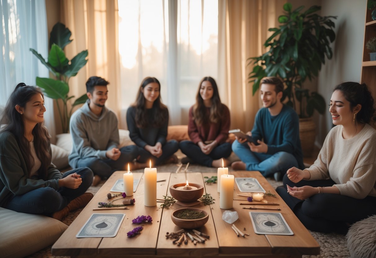People sharing gentle occult rituals at candlelit table with crystals and tarot in cozy room.