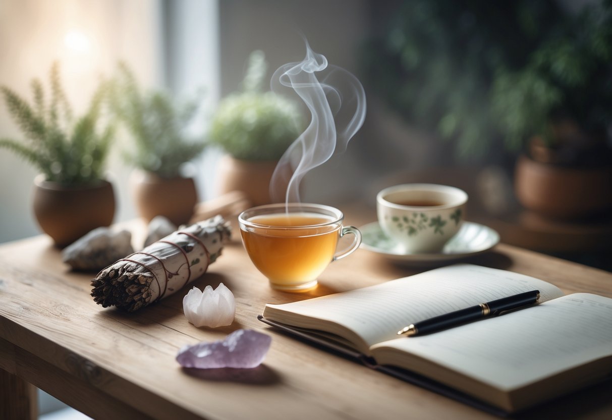 Wooden table with burning sage, crystals, herbal tea, open journal, and plants.