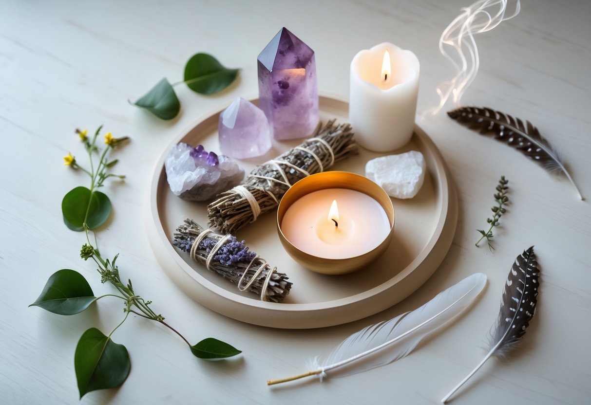 Flat lay of crystals, dried herbs, candles, feather, and ritual bowl on wooden surface.