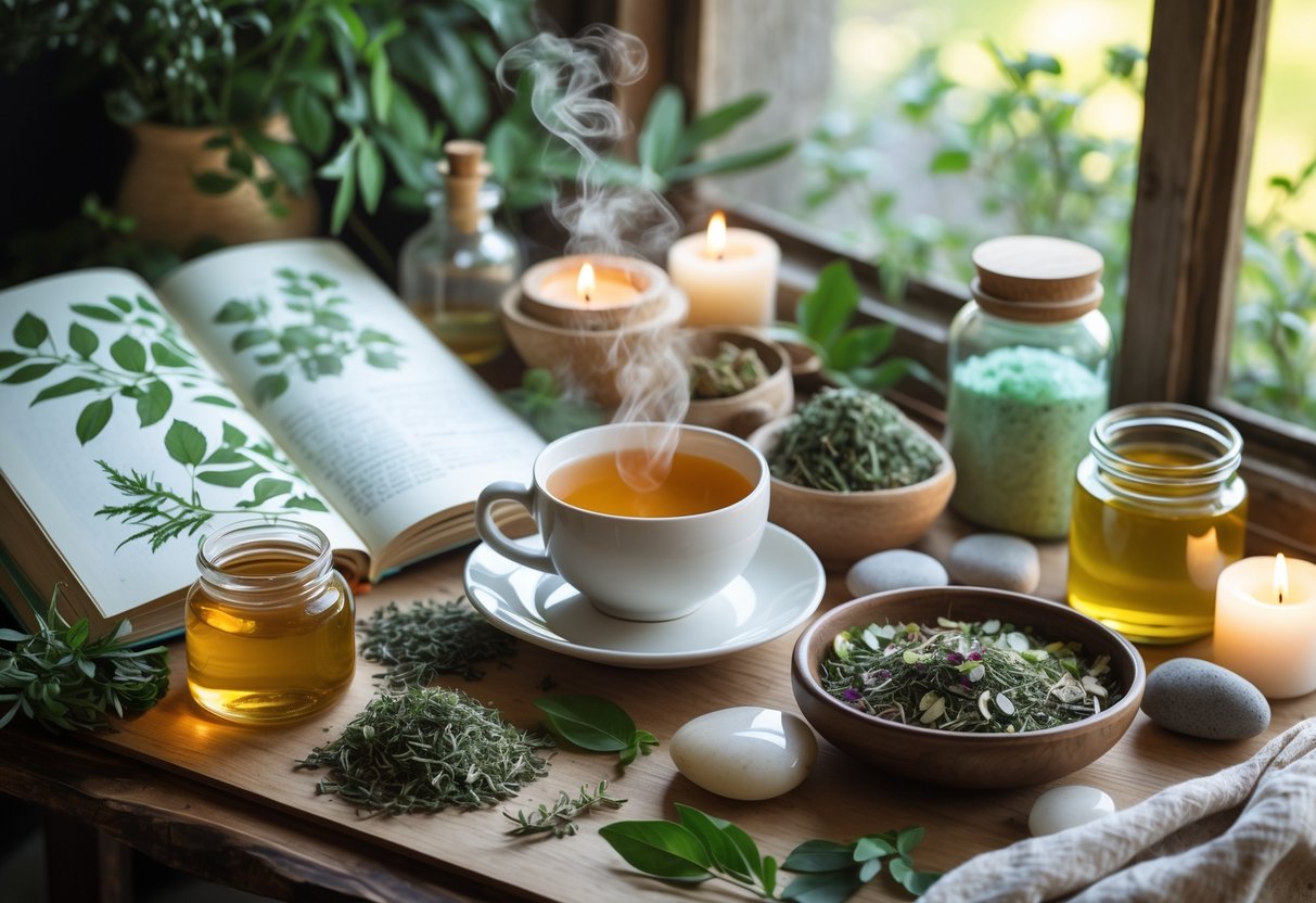 Cozy table with herbal teas, dried herbs, bath salts, and candles in sunlit room.