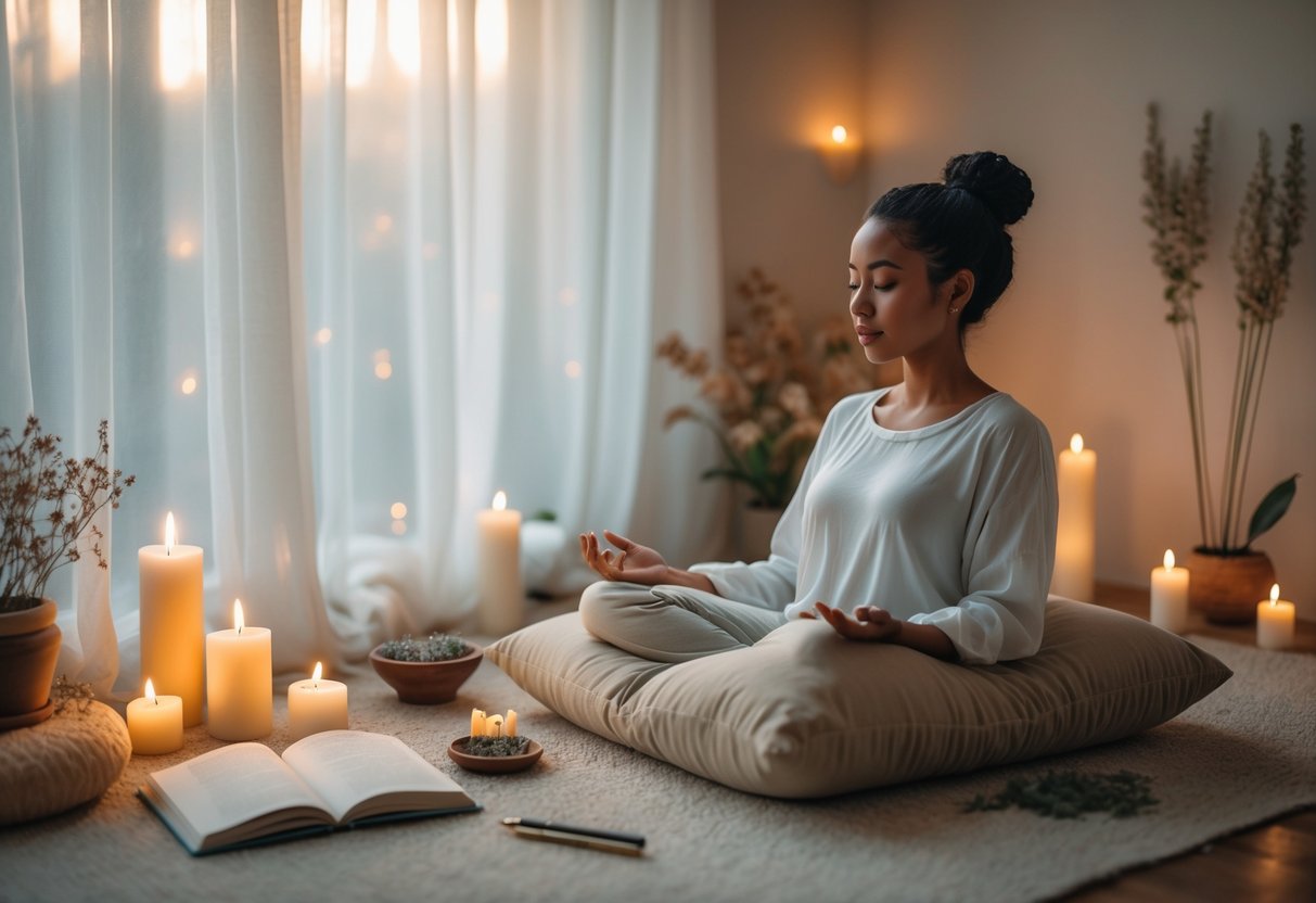 Person meditating on cushion amid candles, crystals, plants, and journal in soft light.