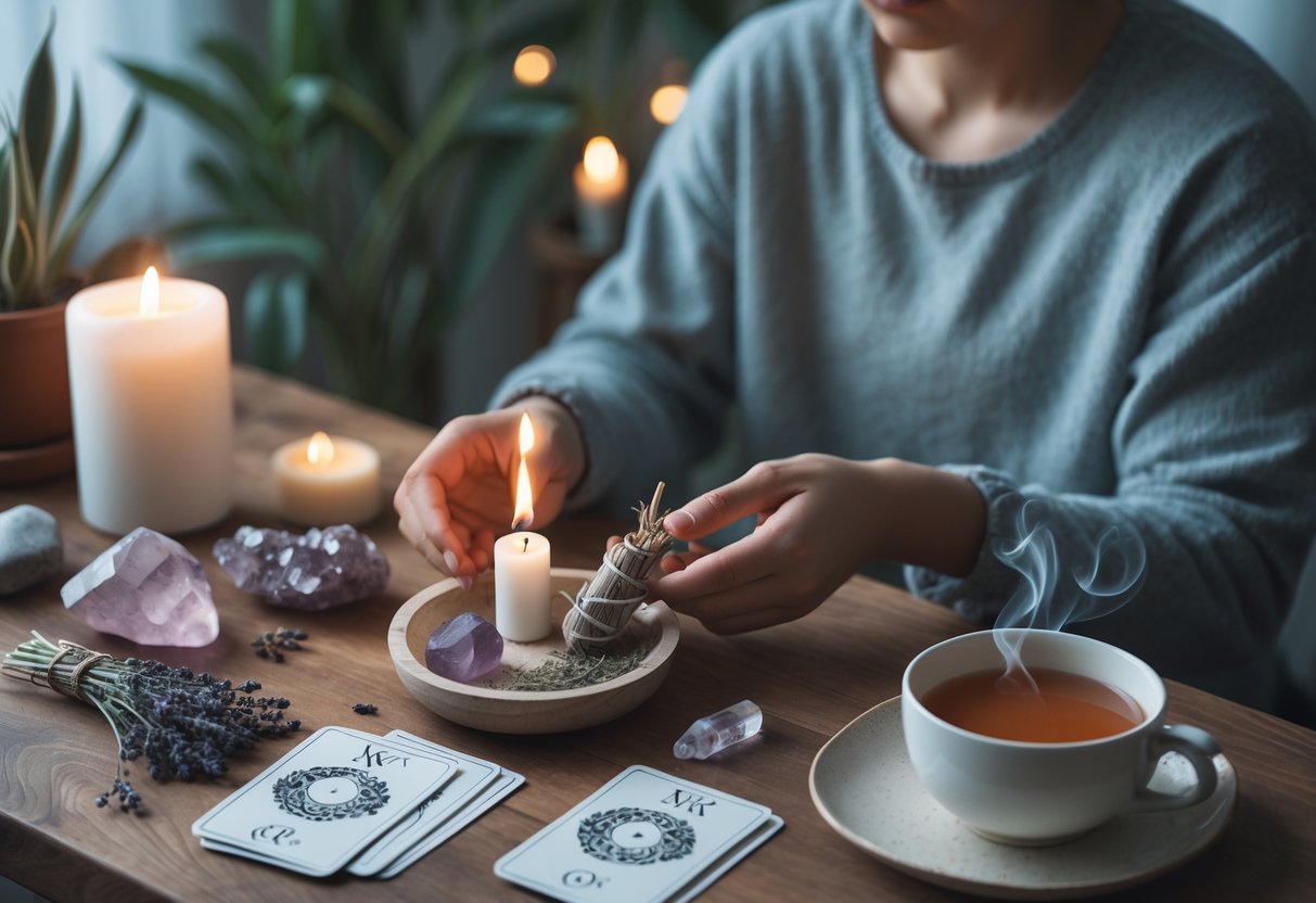Person at wooden table with candles, crystals, tarot cards, and tea in calm atmosphere