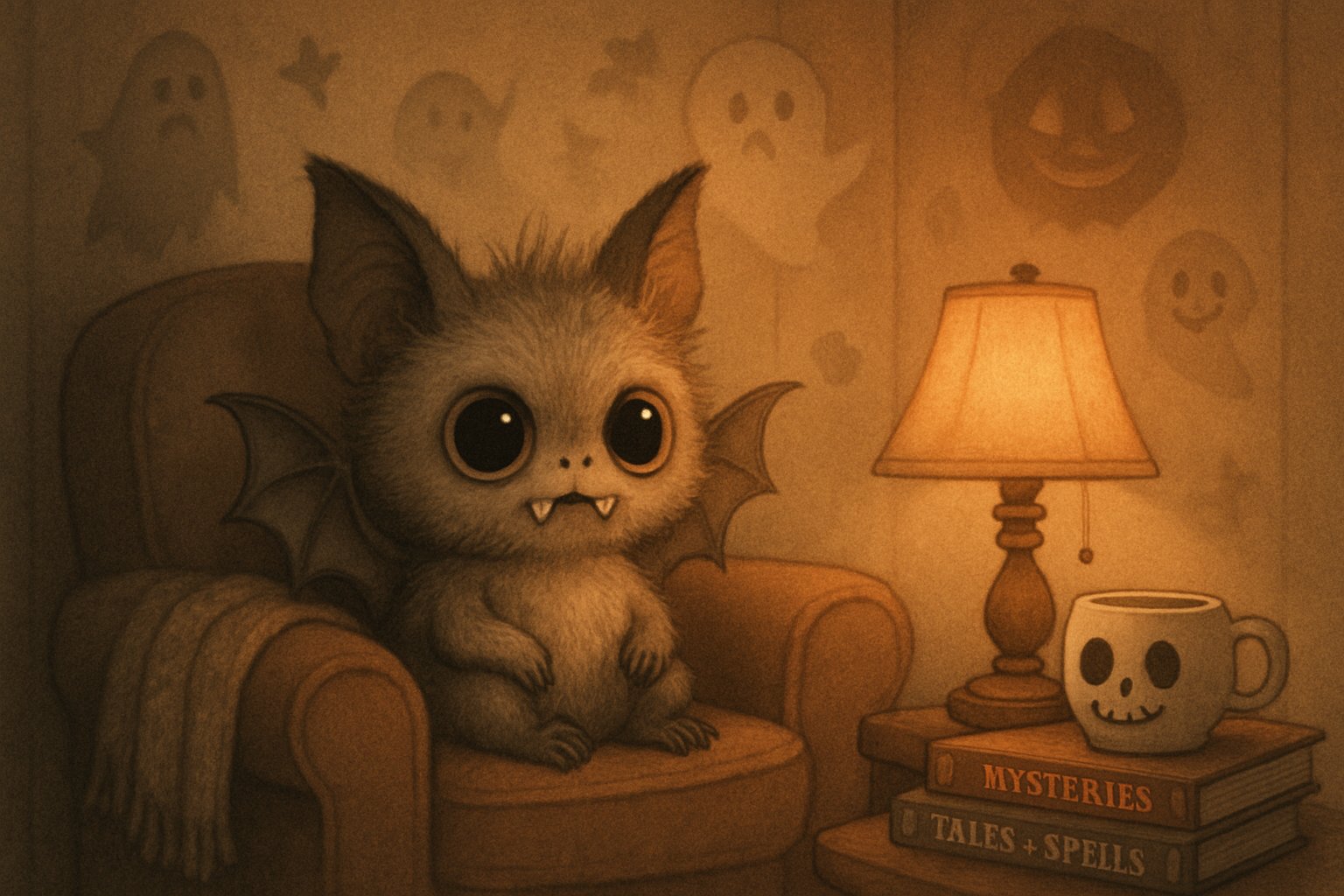Fluffy big-eyed creature with tiny fangs in cozy soft-lit room.