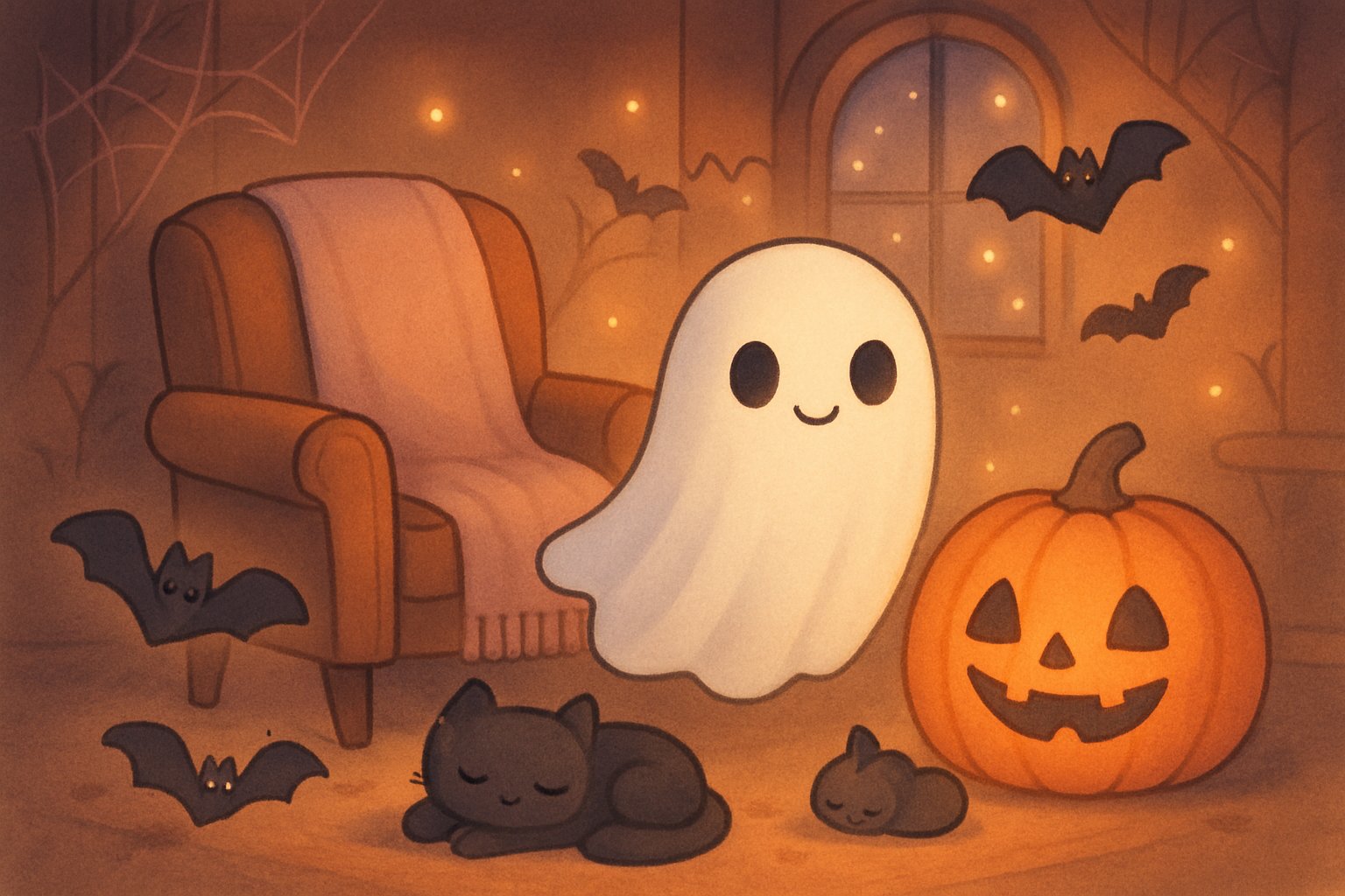 Cozy room with friendly ghost, glowing jack-o'-lantern, black cat, and playful bats.