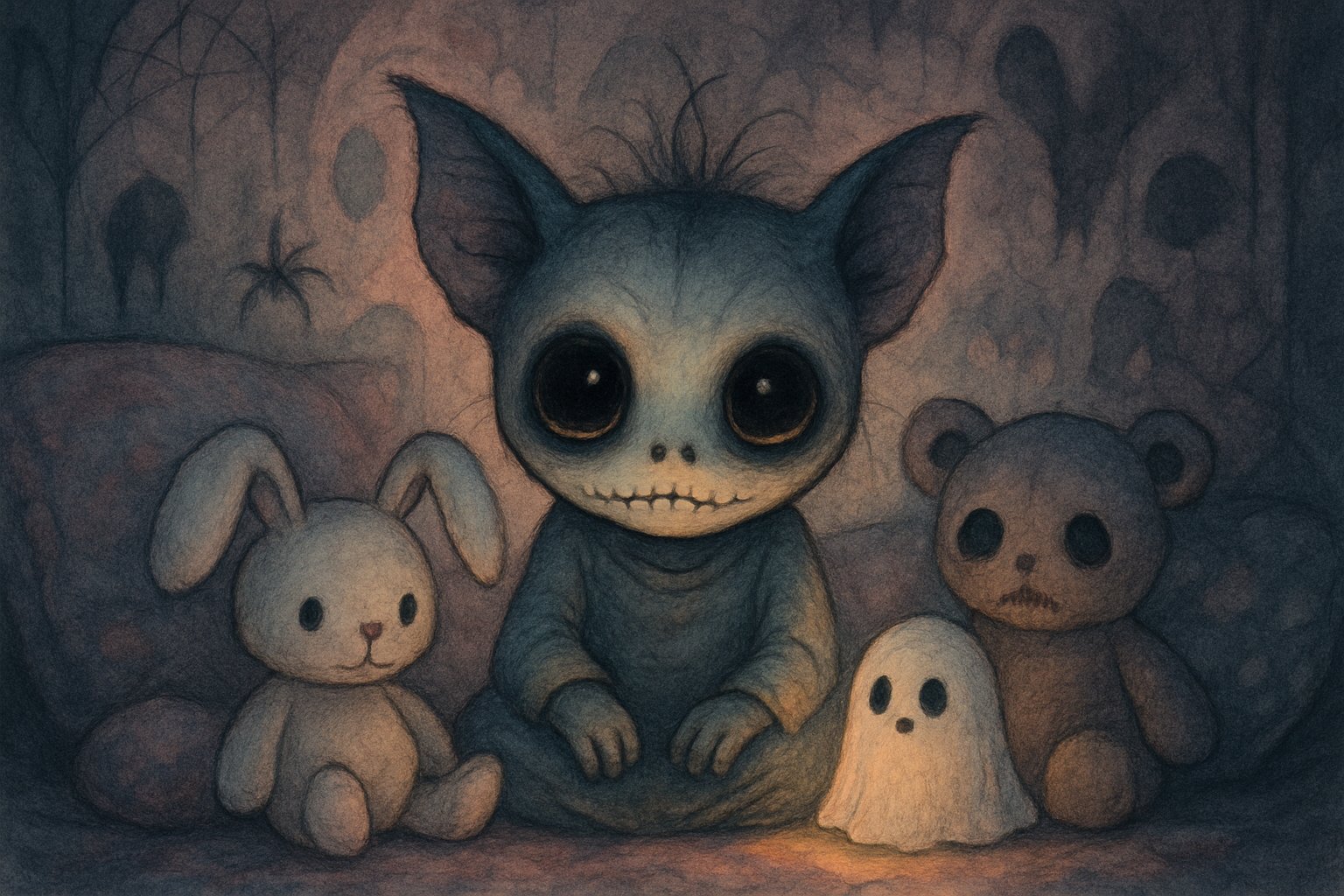 Small big-eyed creature with plush toys and soft glow in dim cozy room, cute-eerie vibe.
