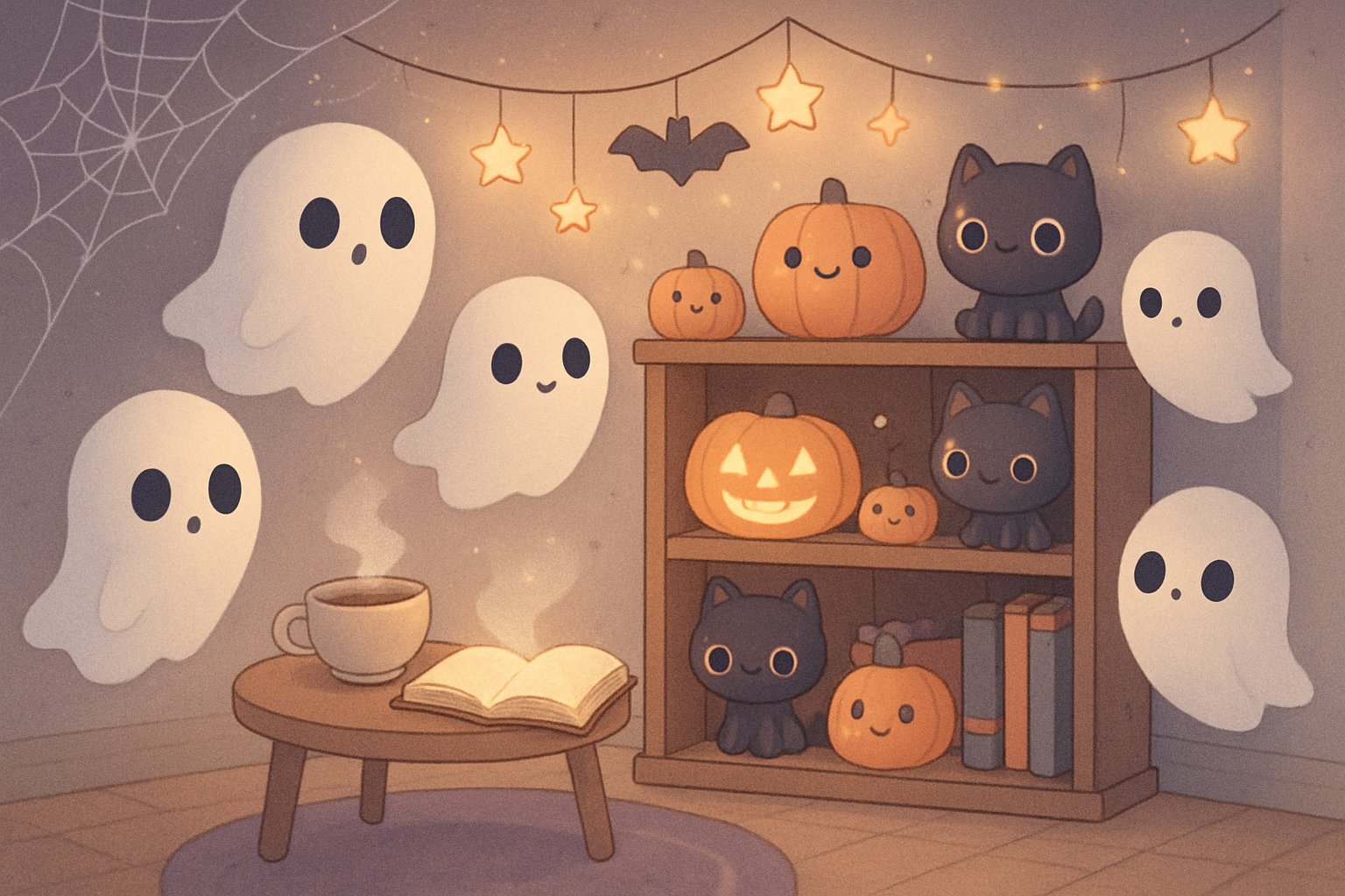 Cozy room with friendly ghosts, smiling pumpkins, plush black cats, warm Halloween lights.