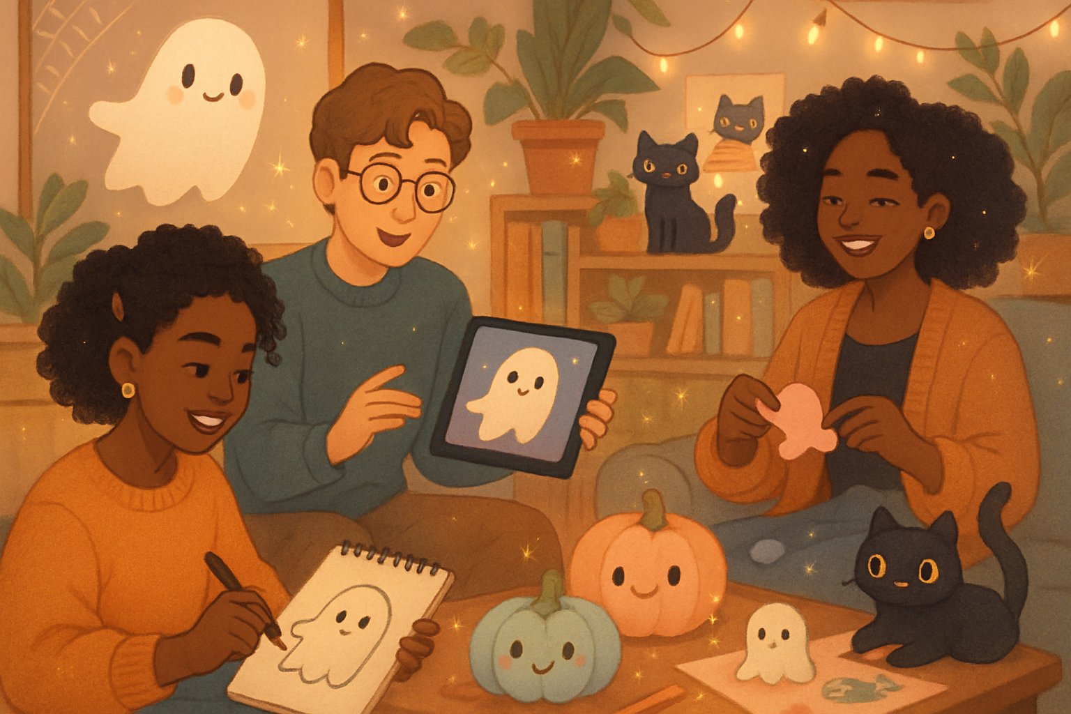 Group making spooky-cute art in cozy room with friendly ghosts, black cats, pastel pumpkins.