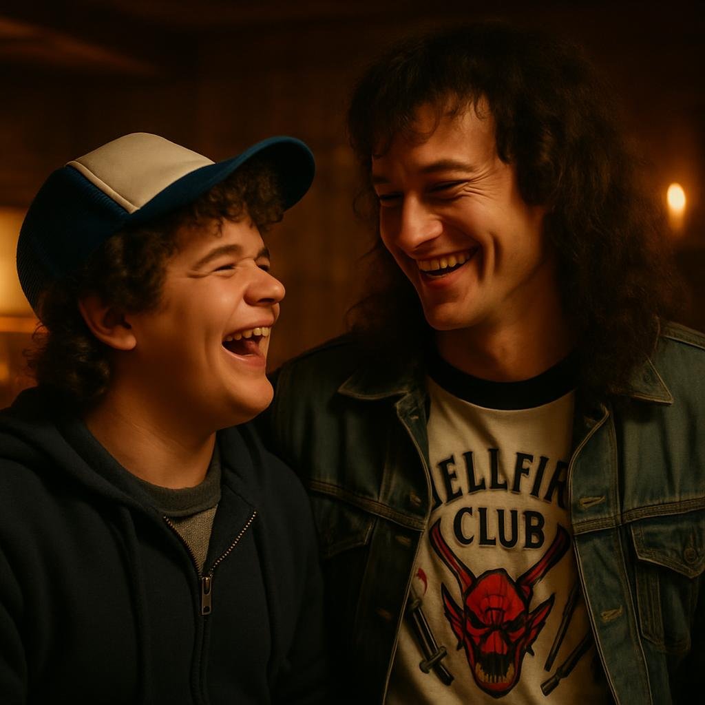 Eddie Munson and Dustin smiling at each other in a cozy 80s basement scene.