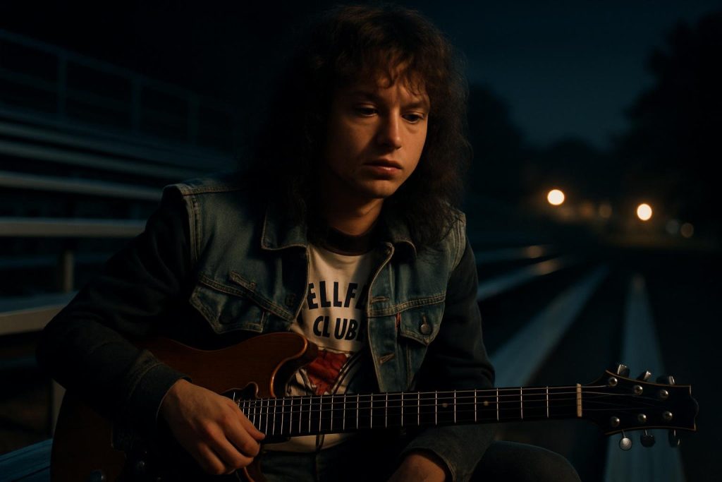 Eddie Munson sitting alone on the metal bleachers at night, holding his guitar on his lap.