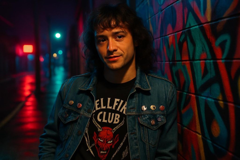 Eddie Munson in his black Hellfire Club shirt and denim jacket.