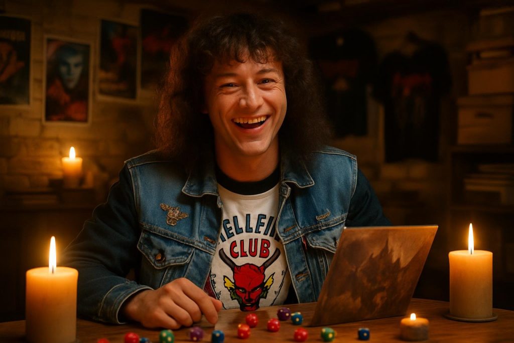 Eddie Munson at a D&D table with dice and candles, laughing warmly with friends outside the frame.