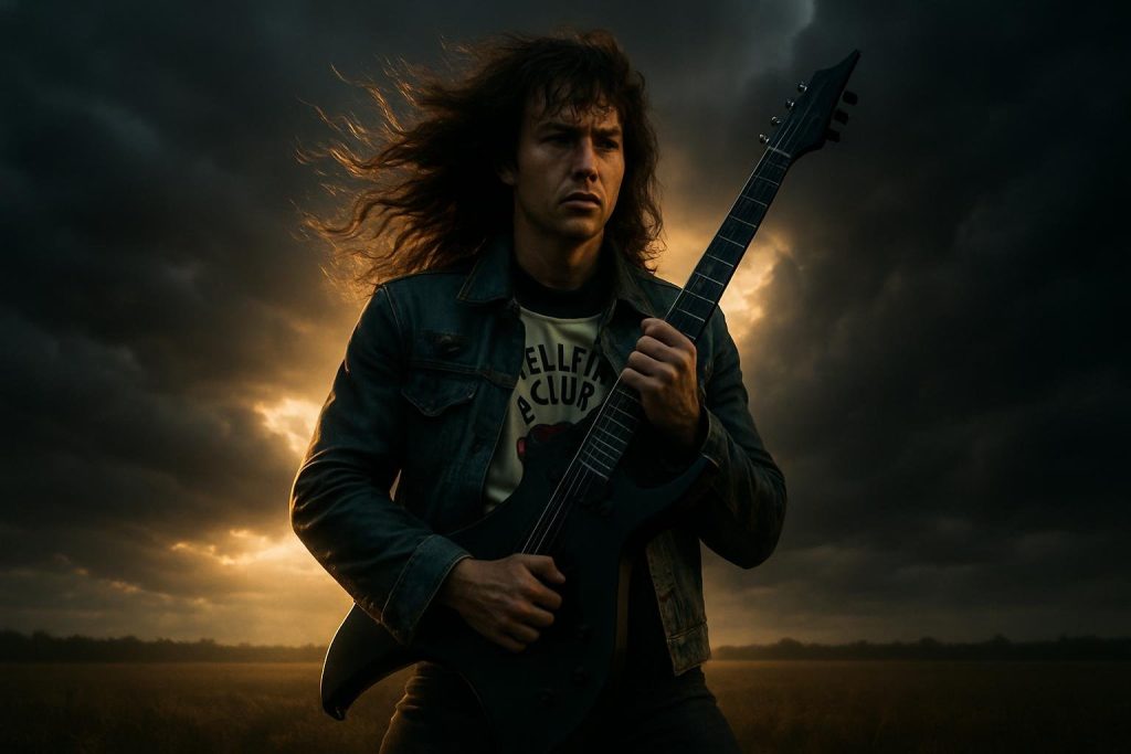 Eddie Munson standing in a stormy field with wind whipping his hair, gripping his guitar.