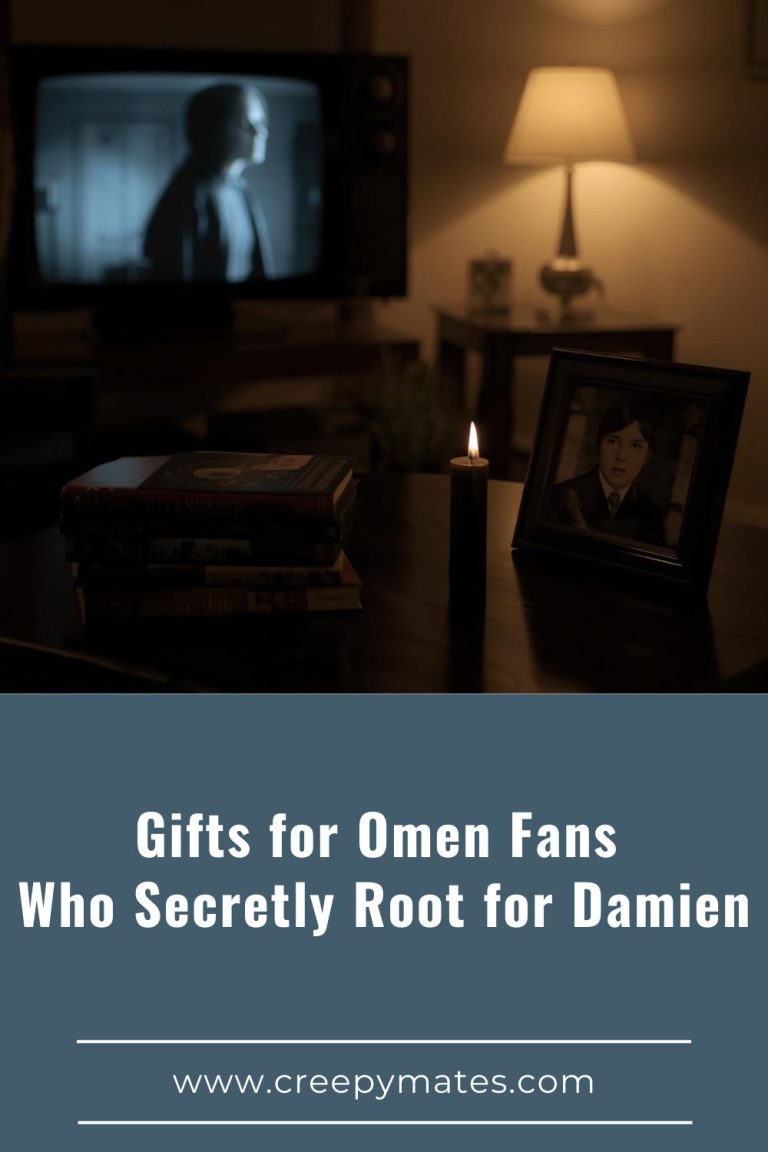 Cozy living room with old horror movie on TV, occult books, child photo, and black candle on table.