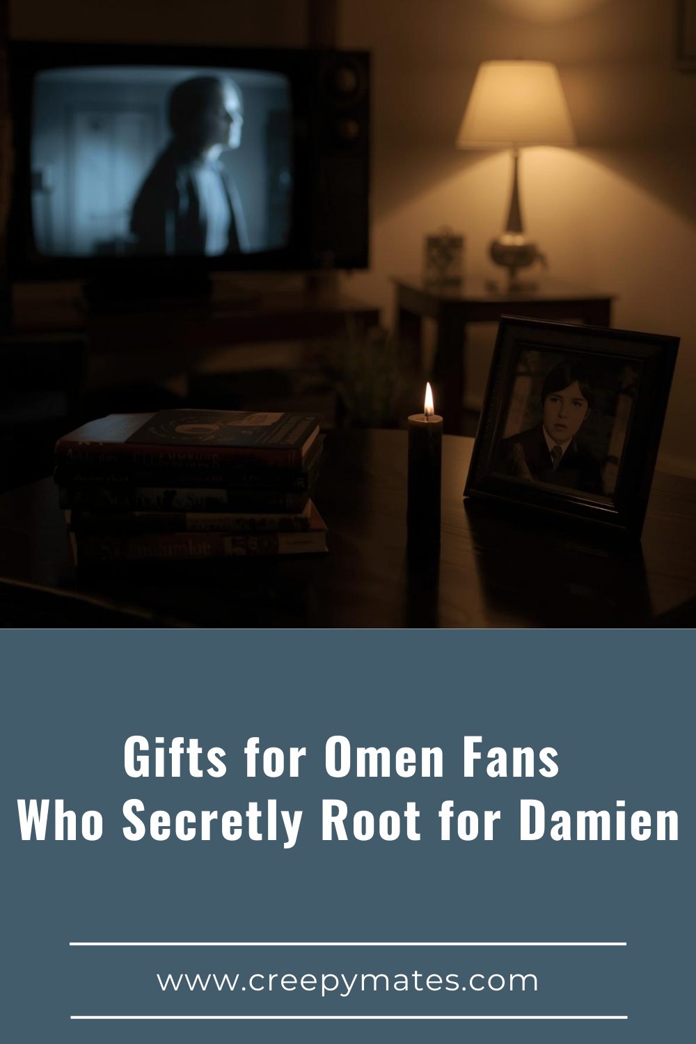 Cozy living room with old horror movie on TV, occult books, child photo, and black candle on table.